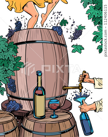 The process of creating wine and drinking it instantly. A large barrel of grapes, women's feet crushing them, a man pouring a drink into a bottle. Alcoholic drinks with incredible taste. Alcoholic 112406115