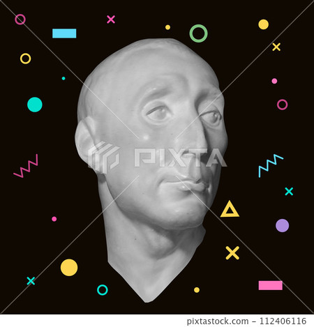 Portrait of a gattamelata in memphis style with abstract shapes compositions. Vector illustration Portrait of a gattamelata in memphis style with abstract shapes compositions. Vector illustration 112406116