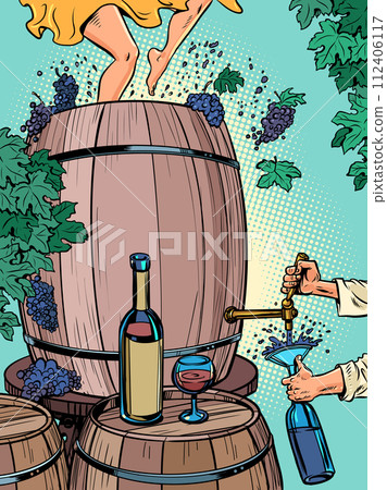 The process of creating wine and drinking it instantly. A large barrel of grapes, women's feet crushing them, a man pouring a drink into a bottle. Alcoholic drinks with incredible taste. Alcoholic The process of creating wine and drinking it instantly. A large barrel of grapes, women's feet crushing them, a man pouring a drink into a bottle. Alcoholic drinks with incredible taste. Alcoholic 112406117