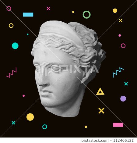 Portrait of a venera in memphis style with abstract shapes compositions. Vector illustration Portrait of a venera in memphis style with abstract shapes compositions. Vector illustration 112406121