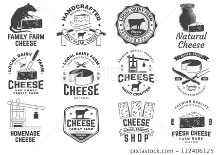 Cheese family farm badge design. Template for logo, branding design with block cheese, sheep lacaune on the grass, fork, knife for cheese, cow, cheese press. Vector illustration. Hand crafted product Cheese family farm badge design. Template for logo, branding design with block cheese, sheep lacaune on the grass, fork, knife for cheese, cow, cheese press. Vector illustration. Hand crafted product 112406125