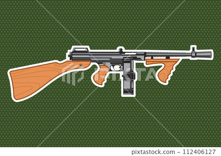 Gangster submachine gun sticker, patch for clothing. Vector illustration. Fashion patches T-shirt print design 112406127