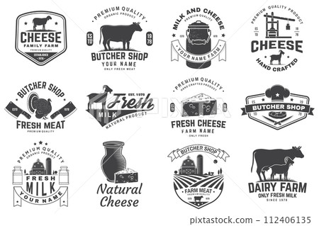 Cheese, butcher, dairy and milk family farm badge design. Template for butcher, cheese, dairy and milk farm business - shop, market, packaging and menu. Vector illustration 112406135