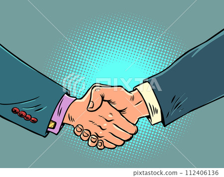 Handshake of male hands at a business meeting. Mutual respect between boss and employees. Trusting relationships with business partners. 112406136