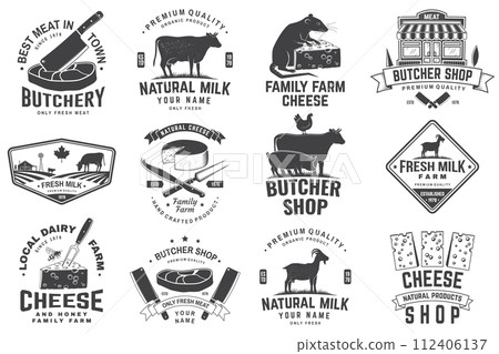 Cheese, butcher, dairy and milk family farm badge design. Template for butcher, cheese, dairy and milk farm business - shop, market, packaging and menu. Vector illustration 112406137