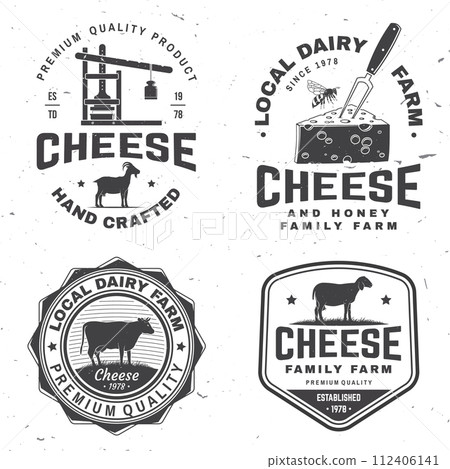 Cheese family farm badge design. Template for logo, branding design with block cheese, sheep lacaune on the grass, cow, fork, knife, cheese press. Vector illustration. Hand crafted product cheese 112406141