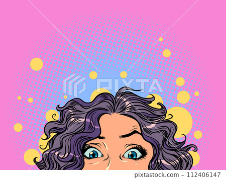 The girl looks out from below in amazement. Amazing discounts for new customers. Puzzled by the situation and carefully checking. The girl looks out from below in amazement. Amazing discounts for new customers. Puzzled by the situation and carefully checking. 112406147