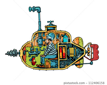 A sailor sails in a submarine exploring the ocean. Original tourist travels abroad in unusual conditions. Scientific work on the exploration of the deep sea. 112406158