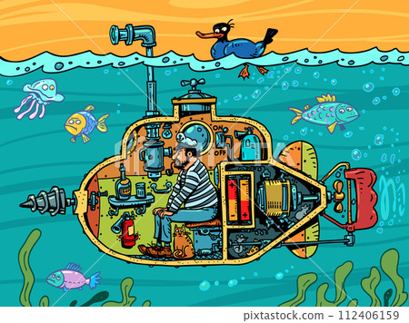 A sailor sails in a submarine exploring the ocean. Original tourist travels abroad in unusual conditions. Scientific work on the exploration of the deep sea. 112406159