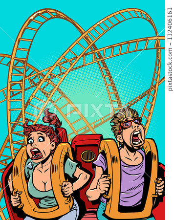 People scream and ride a roller coaster. Poster for amusement park and free leisure. A banner with a unique offer that will turn your head. 112406161