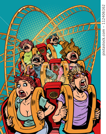 People scream and ride a roller coaster. Poster for amusement park and free leisure. A banner with a unique offer that will turn your head. 112406162
