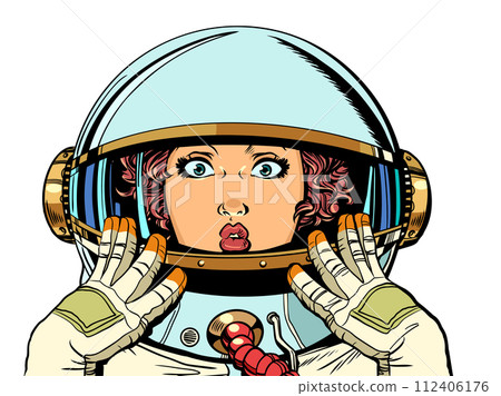 A woman in an astronaut costume is surprised. Space research and experiments of the future. Galactic promotions for women's manicure. A woman in an astronaut costume is surprised. Space research and experiments of the future. Galactic promotions for women's manicure. 112406176