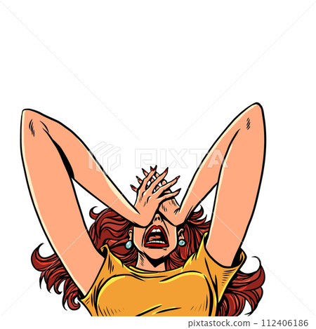 A panicked woman holds her face with her hands. A hopeless situation for business. Serious health and pain problems. A panicked woman holds her face with her hands. A hopeless situation for business. Serious health and pain problems. 112406186