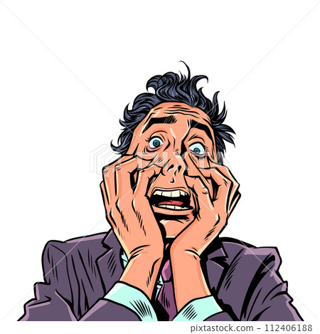 A man in a suit holds his face in a panic. Crazy offers for clients. A desperate situation requiring a quick solution. 112406188