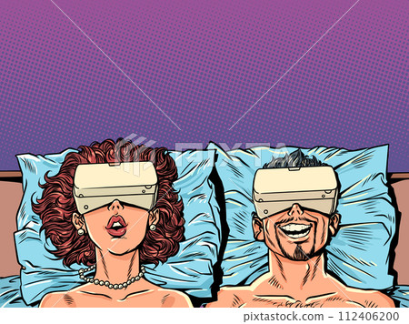 A man and a woman are lying in bed with VR devices. Alternative virtual reality and interaction with it. New technological objects as a problem of modern society. A man and a woman are lying in bed with VR devices. Alternative virtual reality and interaction with it. New technological objects as a problem of modern society. 112406200