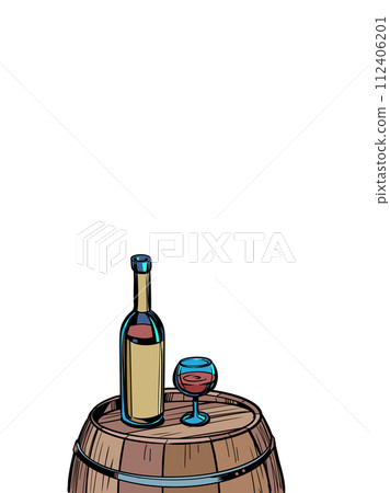 A barrel of wine with a bottle and a glass on it. Unique offers for clients of bars and tourist places. Alcoholic drinks with incredible taste. A barrel of wine with a bottle and a glass on it. Unique offers for clients of bars and tourist places. Alcoholic drinks with incredible taste. 112406201