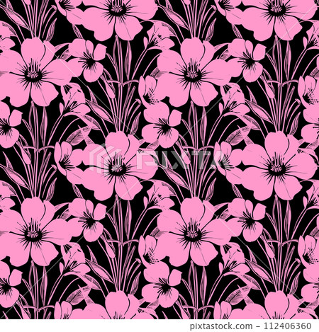 seamless black and pink floral pattern, monochrome ornament, design, texture 112406360