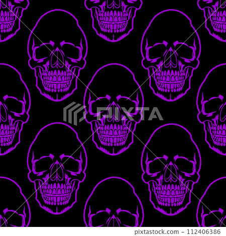 seamless symmetrical pattern of purple human skulls on a black background, texture, design 112406386