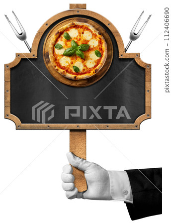Template for a Pizza Menu with Empty Blackboard Isolated on White - Generative Ai 112406690