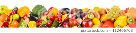 Vegetables and fruits isolated on white. Collage. Free space for text. Wide photo. 112406708
