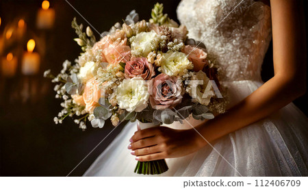 Wedding Bouquet with White and pink Roses in the Hands of the Bride - Generative Ai Wedding Bouquet with White and pink Roses in the Hands of the Bride - Generative Ai 112406709