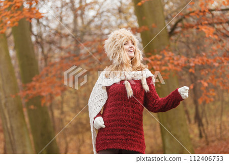 Fashion woman running in fall autumn park forest. Fashion woman running in fall autumn park forest. 112406753