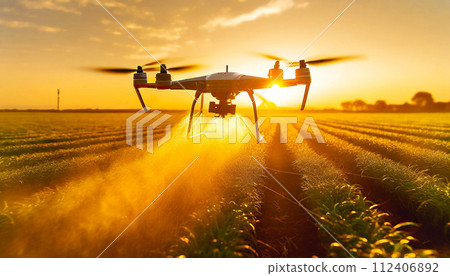 Drone Spraying Pesticides or Fertilizer on a Cultivated Field - Generative Ai 112406892