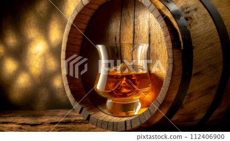 Glass of Whiskey with Ice Cube on an Oak Wooden Barrel - Generative Ai 112406900
