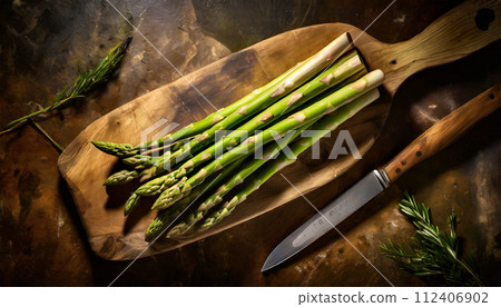 Green Asparagus on a Cutting Board with Knife - Generative Ai 112406902