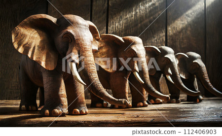 Group of Wooden Elephants Carved in Hardwood - Generative Ai 112406903