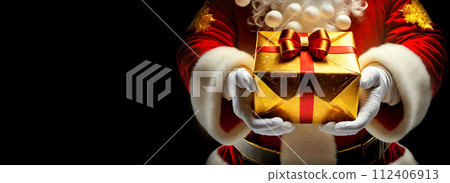 Close-up of Santa Claus Giving a Golden Gift Box - Generative Ai 112406913