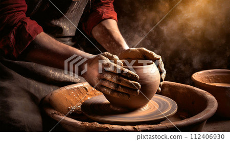 Hands of Potter Making Clay Pot with a Pottery Wheel - Generative Ai 112406930
