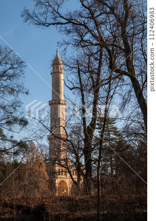 Historical minaret in a park, Lednice, Czechia Historical minaret in a park, Lednice, Czechia 112406983