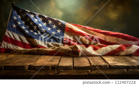 American Flag on an Old Wooden Table With Copy Space - Generative Ai 112407228