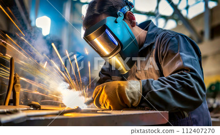 Welder with Protective Mask Welding Metal - Generative Ai 112407270