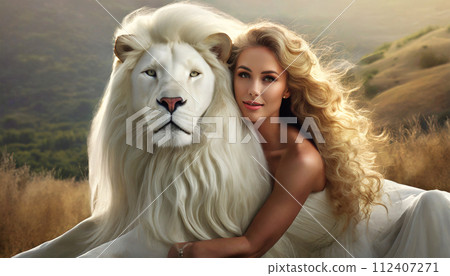 White Lion and a Young Woman with Beautiful Long Curly Blonde Hair - Generative Ai 112407271