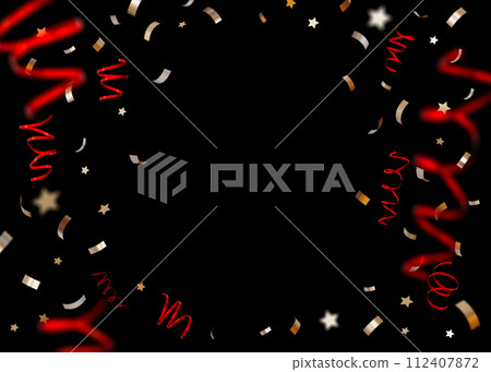 Golden and red confetti isolated on black background. Shiny particles, close up view. Party, Merry Christmas, New year, Birthday decoration. Cut out. Perfect for invitations, festive design. 3D. 112407872
