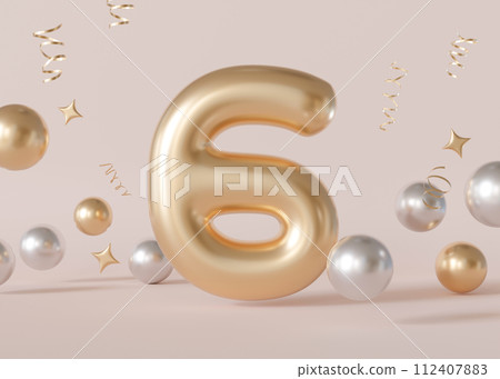 Golden number six with bubbles and confetti on beige background. Symbol 6. Invitation for a sixth birthday party, business anniversary, or any event celebrating sixth milestone. 3D render. 112407883