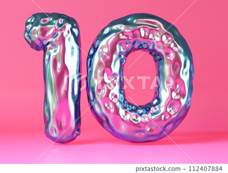 Holographic, shiny number ten on pink, vibrant background. Symbol 10. Tenth birthday party, business anniversary. Festive event. Iridescent color, gradient. Modern, trendy numbers. 3D render. 112407884