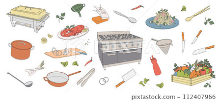 set  elements about cooking in a restaurant, pot, frying pan, colander, vegetables, knives, gas stove 112407966
