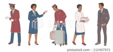 hotel staff  African American male and female characters part 1, doorman, concierge, porter, maid, security 112407972