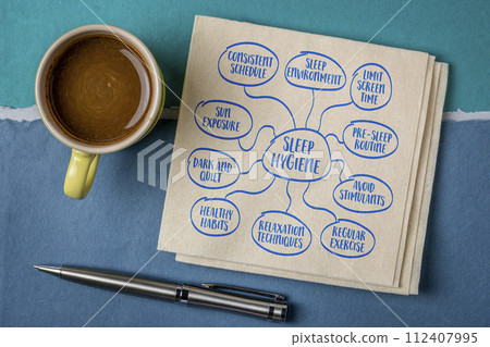 sleep hygiene infographics mind map, healthy lifestyle concept, sketch on a napkin sleep hygiene infographics mind map, healthy lifestyle concept, sketch on a napkin 112407995