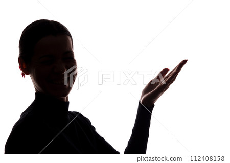 Young woman in suit shows his index finger, hand forward Young woman in suit shows his index finger, hand forward 112408158