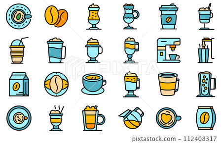 Latte icons set. Outline set of latte vector icons thin line color flat on white 112408317