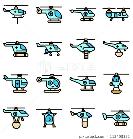 Rescue helicopter icons set. Outline set of rescue helicopter vector icons thin line color flat on white Rescue helicopter icons set. Outline set of rescue helicopter vector icons thin line color flat on white 112408321