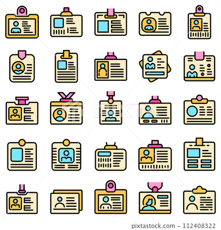 Id card icons set. Outline set of id card vector icons thin line color flat on white 112408322