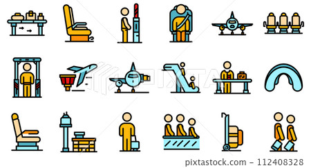 Airline passengers icons set. Outline set of airline passengers vector icons thin line color flat on white 112408328