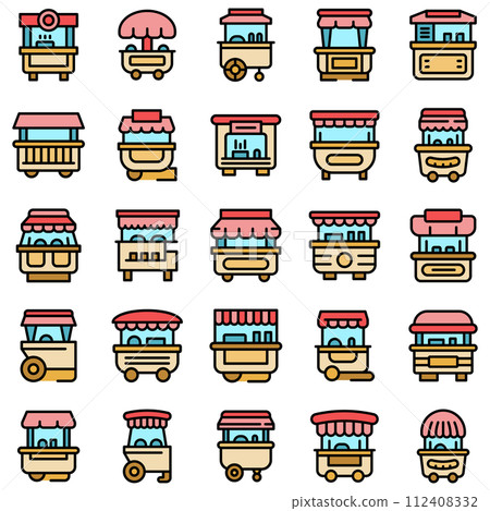 Hot dog cart icons set. Outline set of hot dog cart vector icons thin line color flat on white Hot dog cart icons set. Outline set of hot dog cart vector icons thin line color flat on white 112408332
