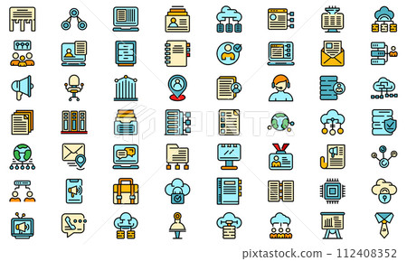 Customer database icons set. Outline set of customer database vector icons thin line color flat on white Customer database icons set. Outline set of customer database vector icons thin line color flat on white 112408352