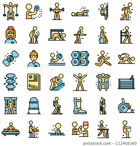 Physical therapist icons set. Outline set of physical therapist vector icons thin line color flat on white 112408360